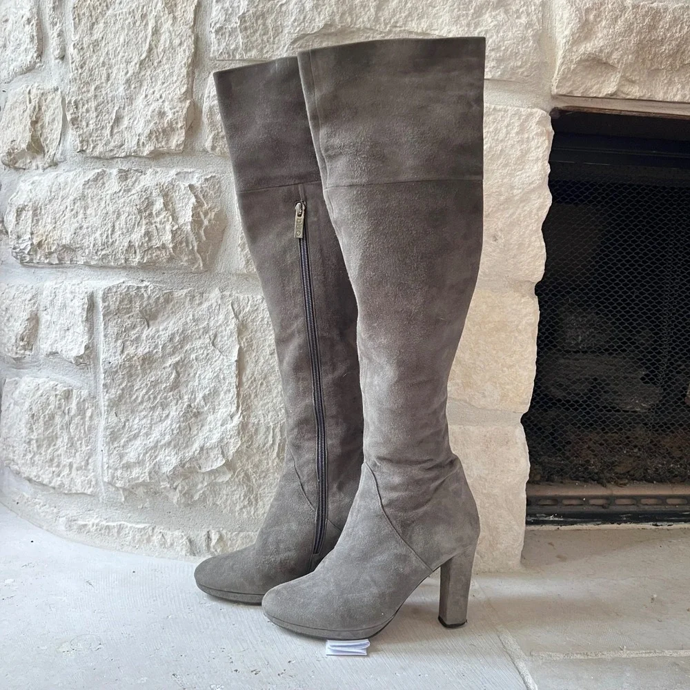 Duo Grey Suede Knee‎ High Heeled Boots Size EU 36B